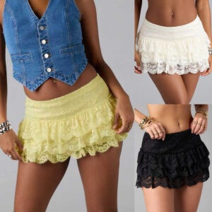 Womens Sexy Solid-Color Lace-Trimmed Short Skirt