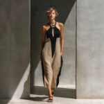Hollow Out Color-blocked Linen Maxi Dressslim Fitting And Epitomizing A Laid Back Resort Style