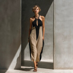 Hollow Out Color-blocked Linen Maxi Dressslim Fitting And Epitomizing A Laid Back Resort Style