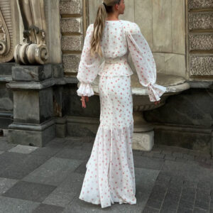 White Floral Print Peplum Crop Top & Mermaid Maxi Skirt Two-Piece Set
