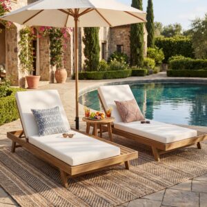 Lounge Chaise Set, Space Available On One Side, Acacia Wood In Light Brown With Water-Resistant Lounge Cushions Cream & 4 Inch Thick Matching Dark Grey Version Available