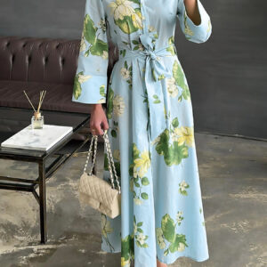 Green Floral Print Cotton Blend Women’s Casual Summer Dress With Button Front And Relaxed Fit