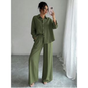 Chic Two-piece Set Plus-size Casual Shirt And High-waisted Wide-leg Pants Suit