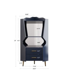 Wooden Corner Bar Cabinet With 2 Open Storage Shelves And 2 Drawers, Mirrored Back Sideboard Cabinet, High Feet Legs For Easy Cleaning, Buffet Cabinet BLUE