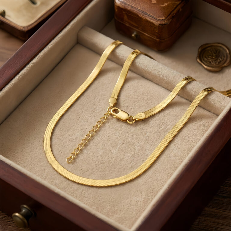 925 Sterling Silver Elegant Gold Herringbone Chain Necklace with Adjustable Extension