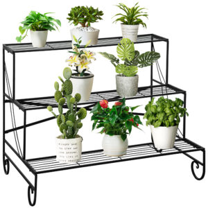 Blumenständer Blumenregal Aus Metall 3 Stufen Pflanzenregal Blumentreppe Für Innen Und Außen Garten Balkon Schwarz 95 X 63 X 72 Cm
