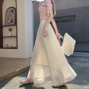 Korean-style Draped Tulle Pleated Skirt For Women
