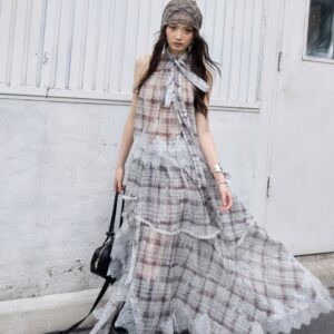 Irregular Lace-Panelled Plaid Two-Piece Dress
