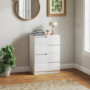Moderne Kommode, Kleiderschrank, 4 Schubladen, Holz, Kippschutz, Fußpolster, Weiß