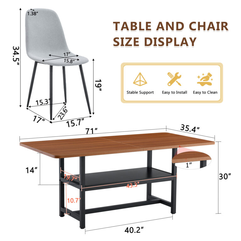 Table And Chair Set.71x35.4 Inch Fashionable Walnut Grain Dining Table, A Practical Choice To Add Color To The Home.Paired With 8 Light Gray Linen-Cotton Material High Resilience Dining Chairs.