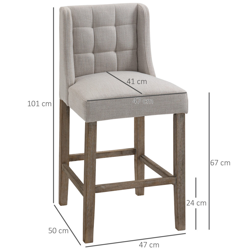 2er-Set Barhocker Mit Lehne Barstühle Mit Knopfheftung, Massivholz, Inkl. Fußstütze, 47 Cm X 50 Cm X 101 Cm, Grau + Natur