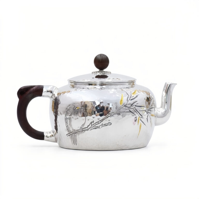 Pure 999 Fine Silver Artisanal Hand-Hammered Silver Teapot with Intricate Bird Engravings and Wooden Accents - Handicraft