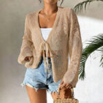 Hollowed-out Lace-up Knitted Cardigan Top Womens Sweater