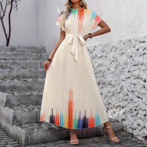 Lace-up Short-sleeve Mock-neck Versatile Dress Elegant For Workwear