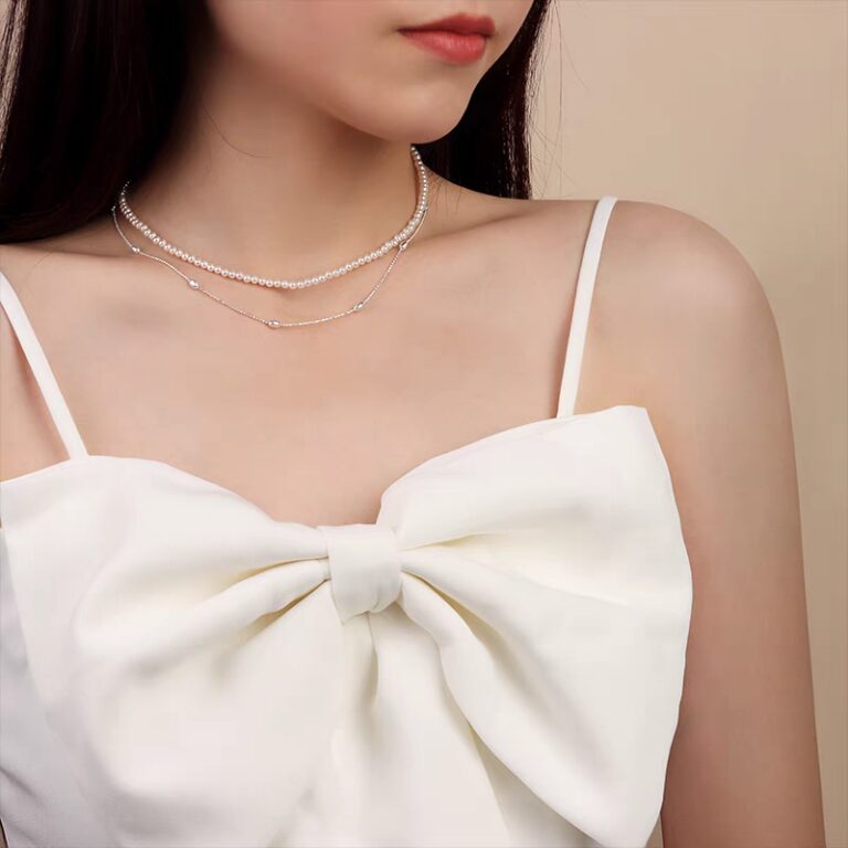 1pc 999 Sterling Silver Double-Layer Natural Pearl Thin Chain Necklace, Minimalist Elegant Style, Perfect For Daily Wear & Valentine’s Gifts