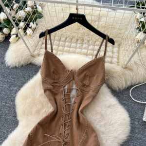 Niche-design Hollow-out Strap-waistband Denim Jumpsuit