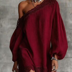 Solid-color Lace-trimmed Casual Off-shoulder Long-sleeve Top