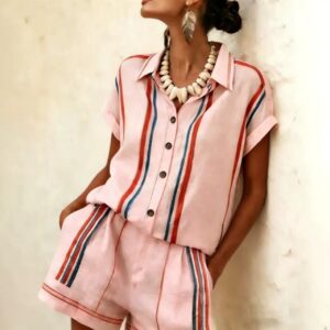 Womens Short-sleeve Shirt And Shorts Striped Set