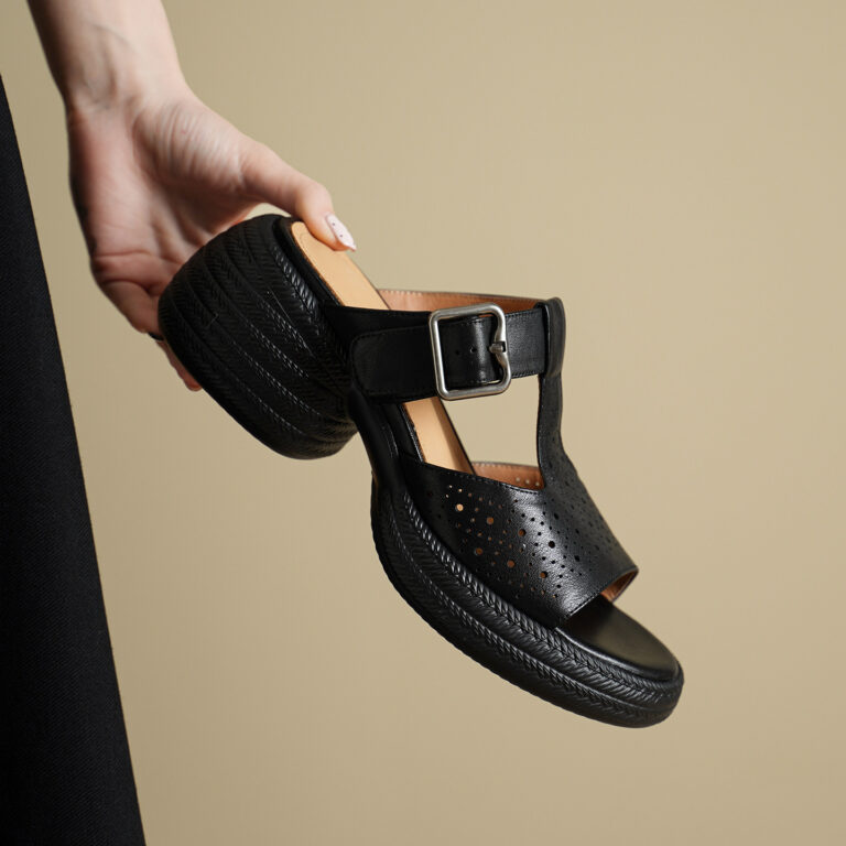 Premium Handmade Washed Leather Perforated Mule Sandals, Women's Chunky Platform T-Strap Slides