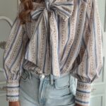 Womens Printed Lace-Up Striped Blouse Top