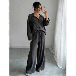 Chic Two-piece Set Plus-size Casual Shirt And High-waisted Wide-leg Pants Suit