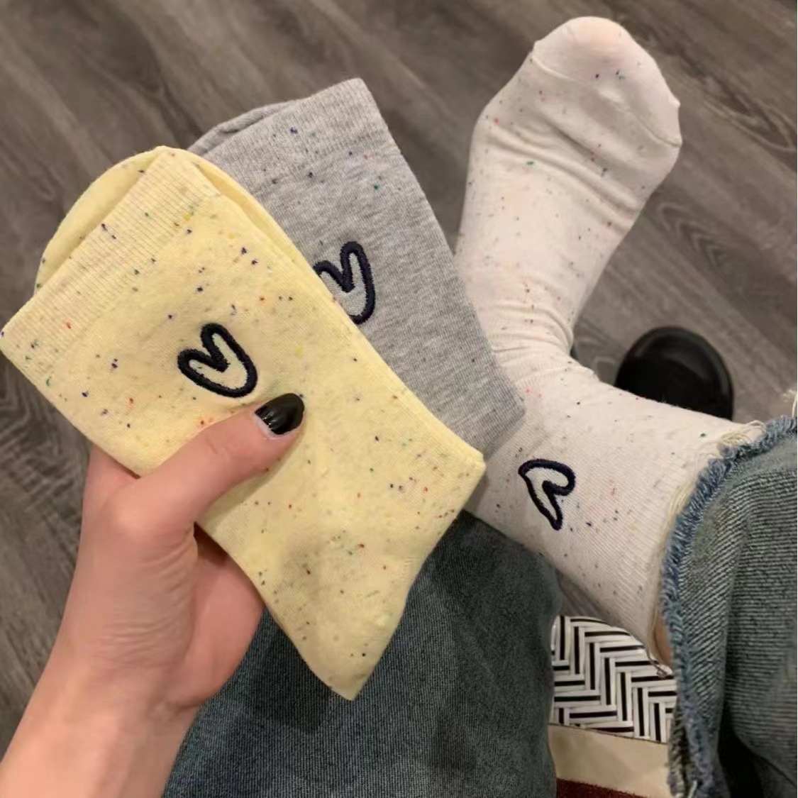 Women’s Cute Heart Embroidered Speckled Crew Socks, Casual Ribbed Knit Socks, Cozy Mid-Calf Socks For Daily Wear & Preppy Style