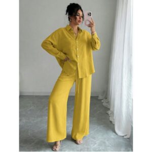 Chic Two-piece Set Plus-size Casual Shirt And High-waisted Wide-leg Pants Suit