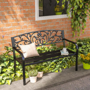 Metallgartenbank, Blumendesign, 2-Sitzer, 240 Kg Tragkraft, Stahl, 127L X 60B X 87H Cm, Schwarz