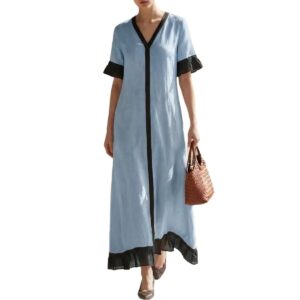 Solid-color V-neck Elegant Lace-trimmed Sleeve Dress