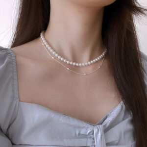 1pc 999 Sterling Silver Double-Layer Natural Pearl Thin Chain Necklace, Minimalist Elegant Style, Perfect For Daily Wear & Valentine's Gifts