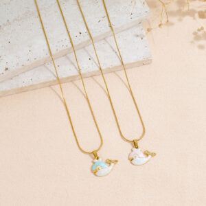Ocean Wind Dolphin Style Inlaid Rhinestone Drip Oil Stainless Steel Pendant Necklace