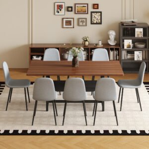 Table And Chair Set.71x35.4 Inch Fashionable Walnut Grain Dining Table, A Practical Choice To Add Color To The Home.Paired With 8 Light Gray Linen-Cotton Material High Resilience Dining Chairs.