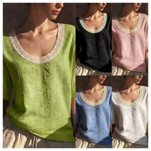 Vintage Short-sleeved Cotton-linen Vest With Lace Detailing And A U-neck
