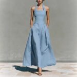 Halter-neck Linen-look Casual Chic Slim-fit Dress With Pockets