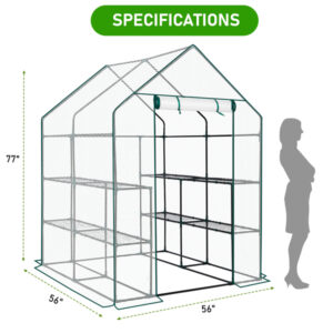 Mini Walk-in Greenhouse With PE Cover, 8-Shelf Indoor Outdoor Plant Gardening Green House For Garden Backyard, 56inch X 56inch X 77inch, White
