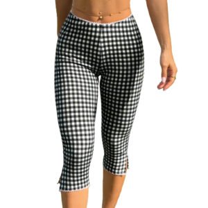 Womens Plaid Knitted Stretch Leggings Casual Pants