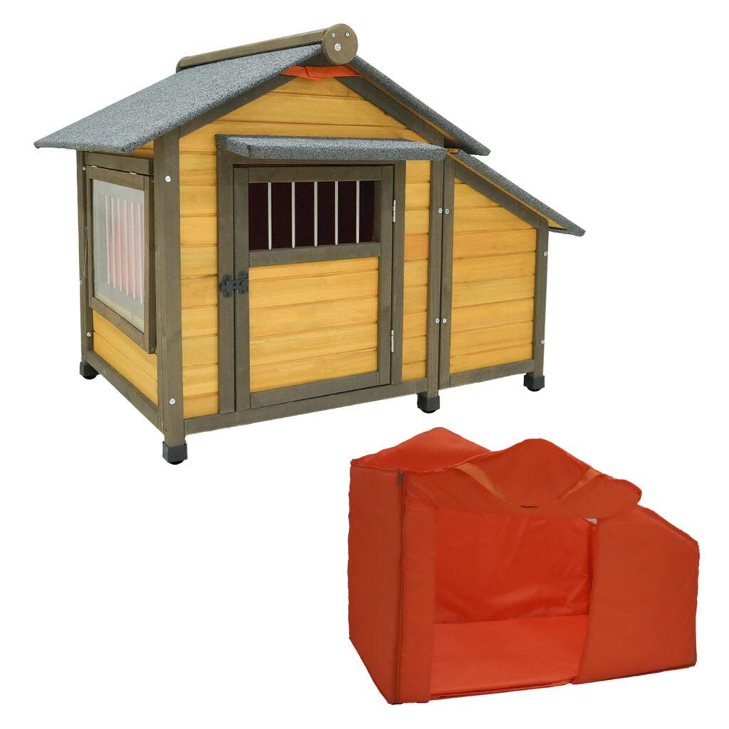 50 Insulated Wooden Dog House For Small Medium Dogs, All-Weather Outdoor Kennel With Removable Thermal Curtain, Lockable Door, Opening Glass Window & Asphalt Shingled Roof