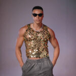 Mens Sparkling Diamond Hollow-Out Vest Top