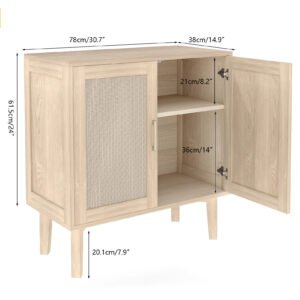 Buffet Cabinet With Rattan Decor Doors Solid Wood Feet Multifunctional Sideboard Cabinet For Dining Room Kitchen Light Oak