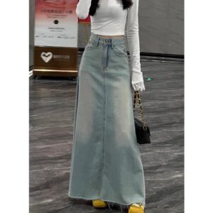 High-waisted Washed Denim Skirt That Flatters The Figure And Hides The Tummy