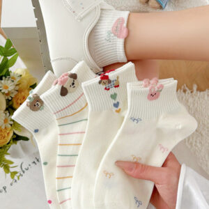 Cute Animal & Bow Embroidered Ankle Socks, Cream White Cotton Casual Socks With Polka Dots & Stripes, Women's Sweet Low-Cut Socks For Everyday & Sneakers