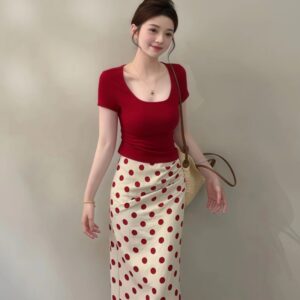 Womens Retro Polka-Dot Red Short-Sleeve Set