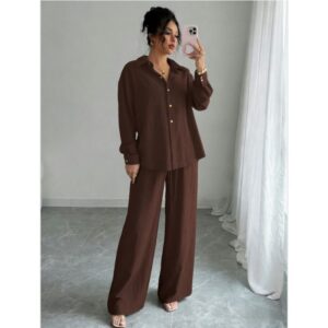 Chic Two-piece Set Plus-size Casual Shirt And High-waisted Wide-leg Pants Suit