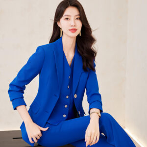 Elegant Navy Blue Double-Buckle Blazer For Women