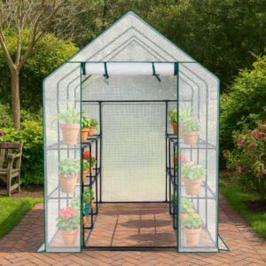 Mini Walk-in Greenhouse With PE Cover, 8-Shelf Indoor Outdoor Plant Gardening Green House For Garden Backyard, 56inch X 56inch X 77inch, White