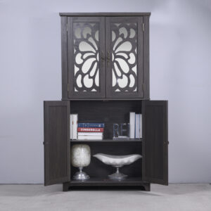 Display Sideboard Buffet With 4 Acrylic Mirrored Doors, Adjustable Shelves Storage Cabinet For Kitchen, Living Room, Bedroom Cabinet, MDF Dark Brown Finish