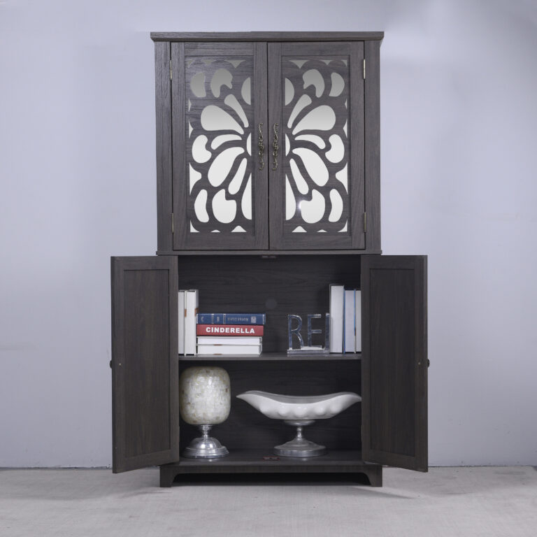 Display Sideboard Buffet With 4 Acrylic Mirrored Doors, Adjustable Shelves Storage Cabinet For Kitchen, Living Room, Bedroom Cabinet, MDF Dark Brown Finish
