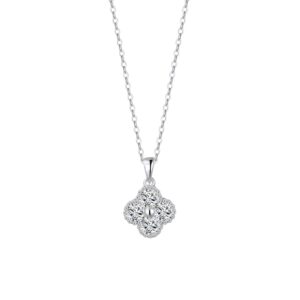 925 Sterling Silver Elegant CZ Floral Pendant White Gold Necklace