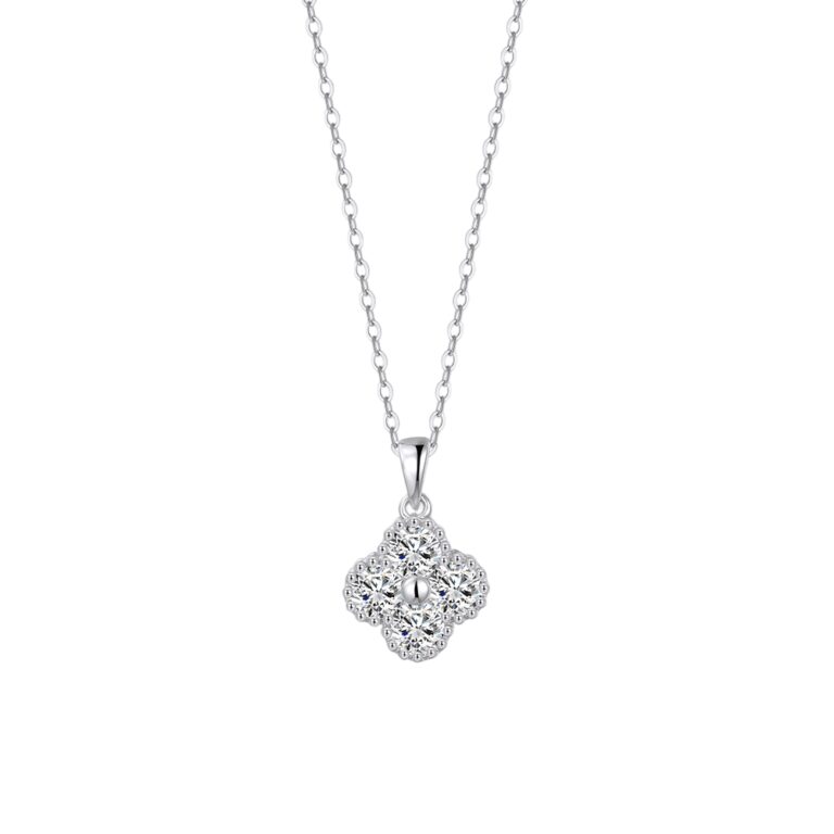 925 Sterling Silver Elegant CZ Floral Pendant White Gold Necklace
