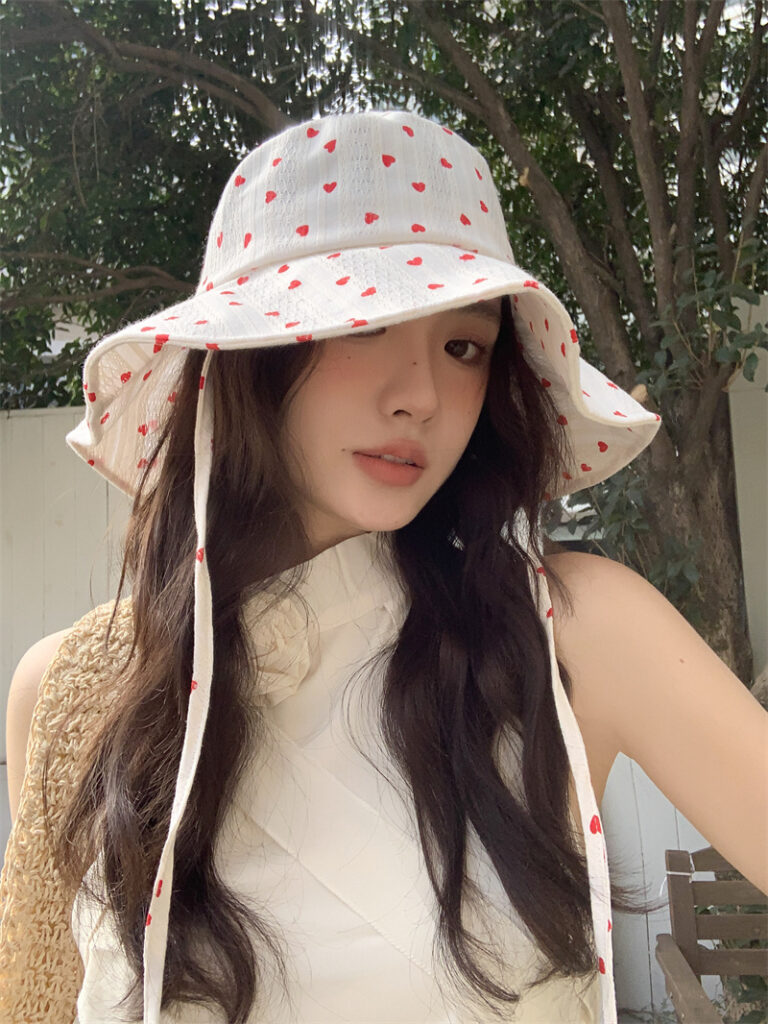 Japanese-style Sweet And Cute Heart-patterned Lace-up Bucket Hat